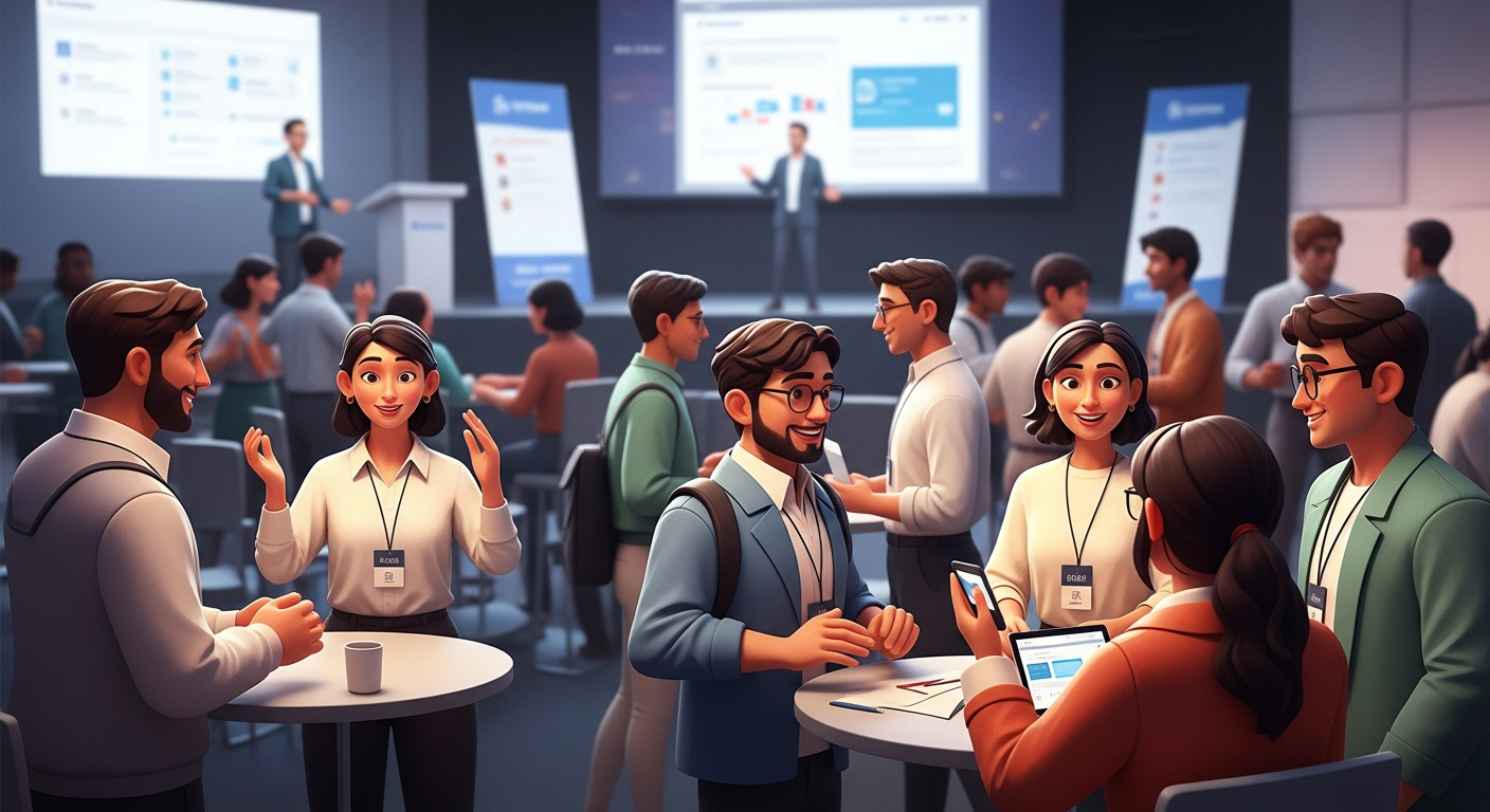 A diverse group of tech enthusiasts and kintone users engaged in lively discussions and networking at a community event,