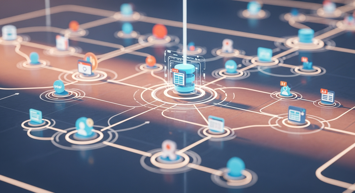 A stylized illustration of a complex digital network with various nodes representing different applications and user gro