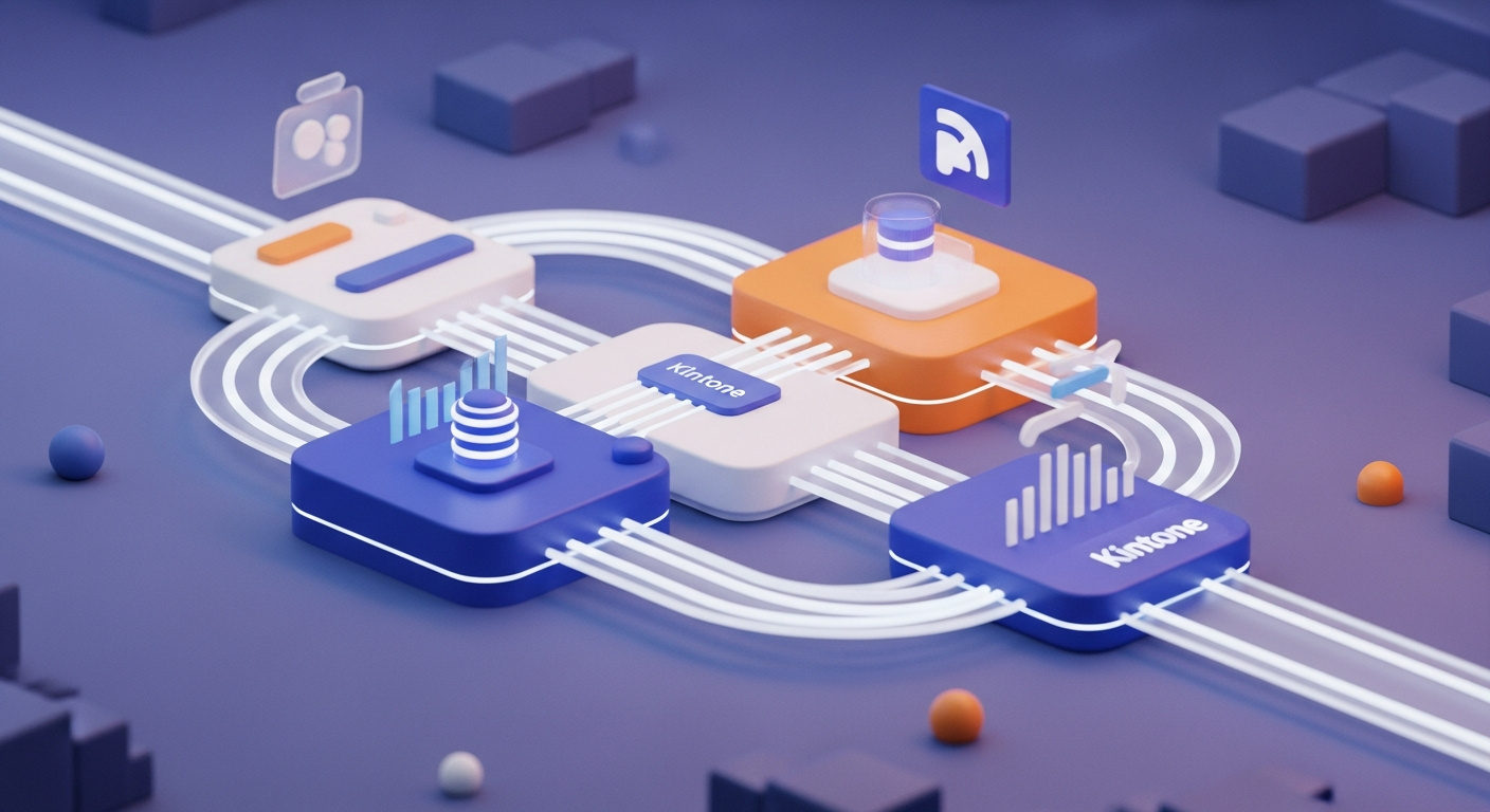 A vibrant illustration of interconnected software platforms, with data flowing between them, representing kintone and it